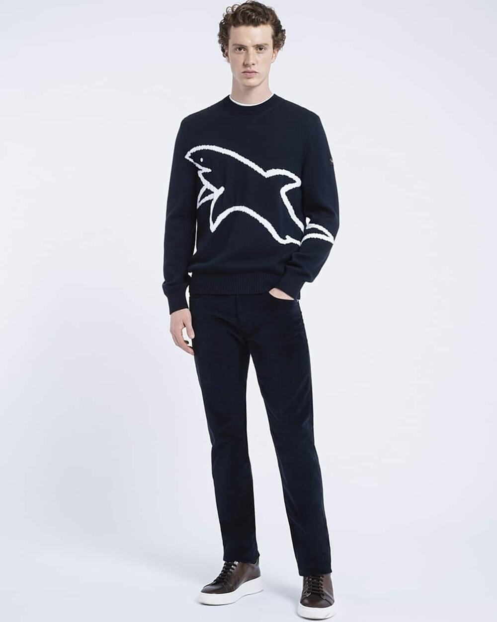 Paul & Shark Yachting Men's Wool Crew Neck Shark Print Pullover, Size 3XL, Navy